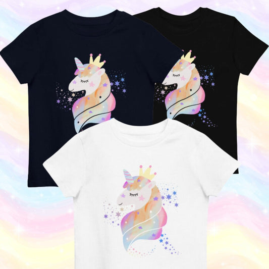 "Three girls unicorn shirts in black, french navy and white."